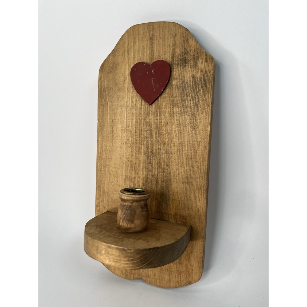 Vintage Wooden Red Heart Wall Sconce Country Core for Tapered Candle Cottage